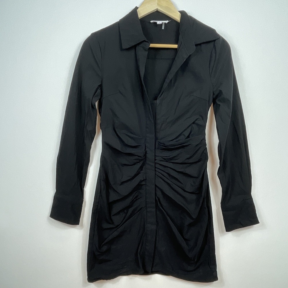 Grey Lab Ruched Mini Shirt Dress Women Small Black Long‎ Sleeve Bodycon Chic LBD